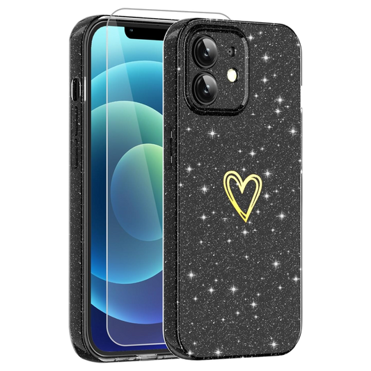 Glitter Scandi ovitek in zaščitno steklo za iPhone 12 Mini črna eleganten bleščeč etui z zaščito zaslona