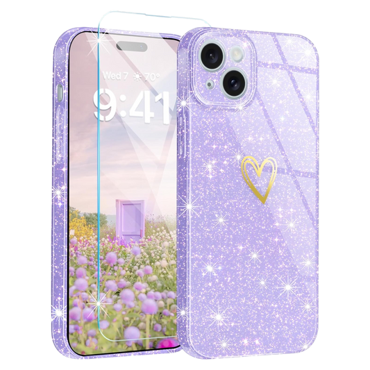 Glitter Scandi ovitek in zaščitno steklo za iPhone 14 v vijolični barvi za popolno zaščito in moderen videz.