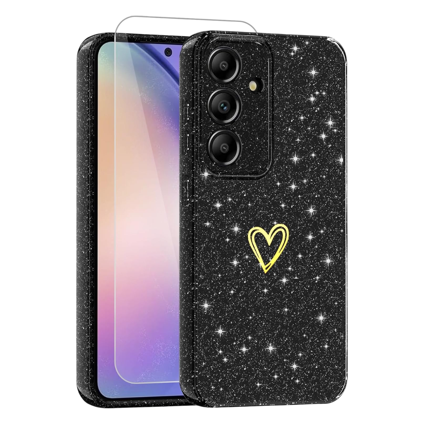 Glitter Scandi ovitek in zaščitno steklo za Samsung Galaxy A14 črna eleganten bleščeč etui z zaščito zaslona