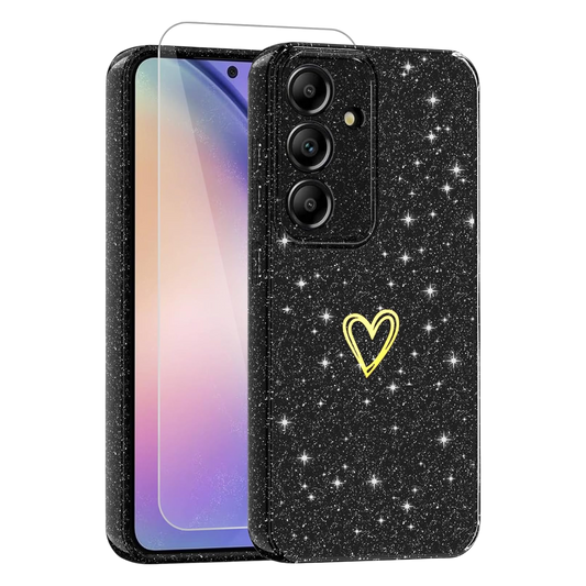 Glitter Scandi ovitek in zaščitno steklo za Samsung Galaxy S23 črna eleganten bleščeč etui z zaščito zaslona