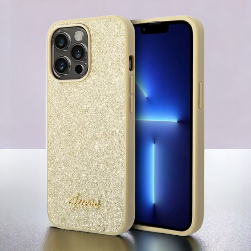 Ovitek Guess "Glitter Gold" za iPhone 14 Pro (GUHCP14LHGGSHD) – Zlata / PC + TPU silikon