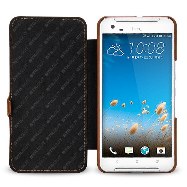 StilGut kožna preklopna futrola "Book Type" za HTC One X9 – konjak smeđa, sa kopčom