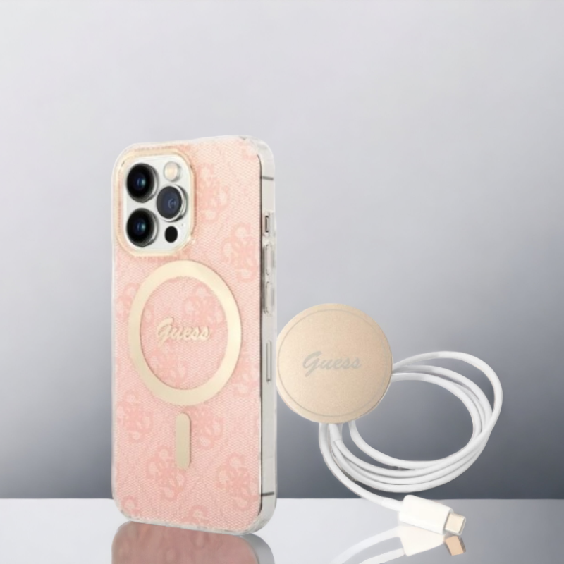 Guess komplet ovitek + polnilec (MagSafe) "pink" za iPhone 13 Pro (GUBPP13LH4EACSP) – Svetlo roza / TPC + PC