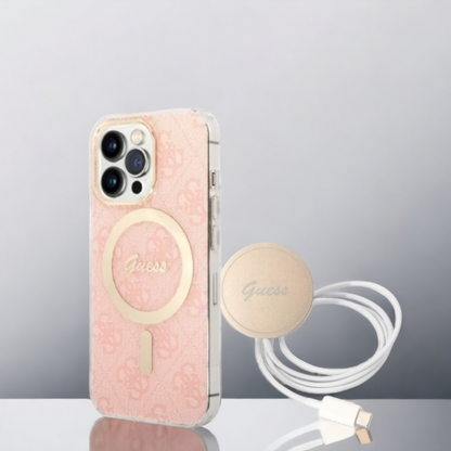 Guess komplet ovitek + polnilec (MagSafe) "pink" za iPhone 13 Pro (GUBPP13LH4EACSP) – Svetlo roza / TPC + PC