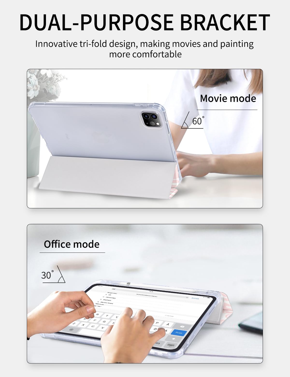 Ovitek za iPad Pro 11 (2022/2021/2020/2018) – Prozoren Zadnji Pokrov, Samodejno Prebujanje/Spanje, Roza Vzorec