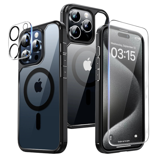 Zaščitni ovitek + zaščitno steklo + zaščita za kamero "TAURI" iPhone 15 Pro Max – Črna