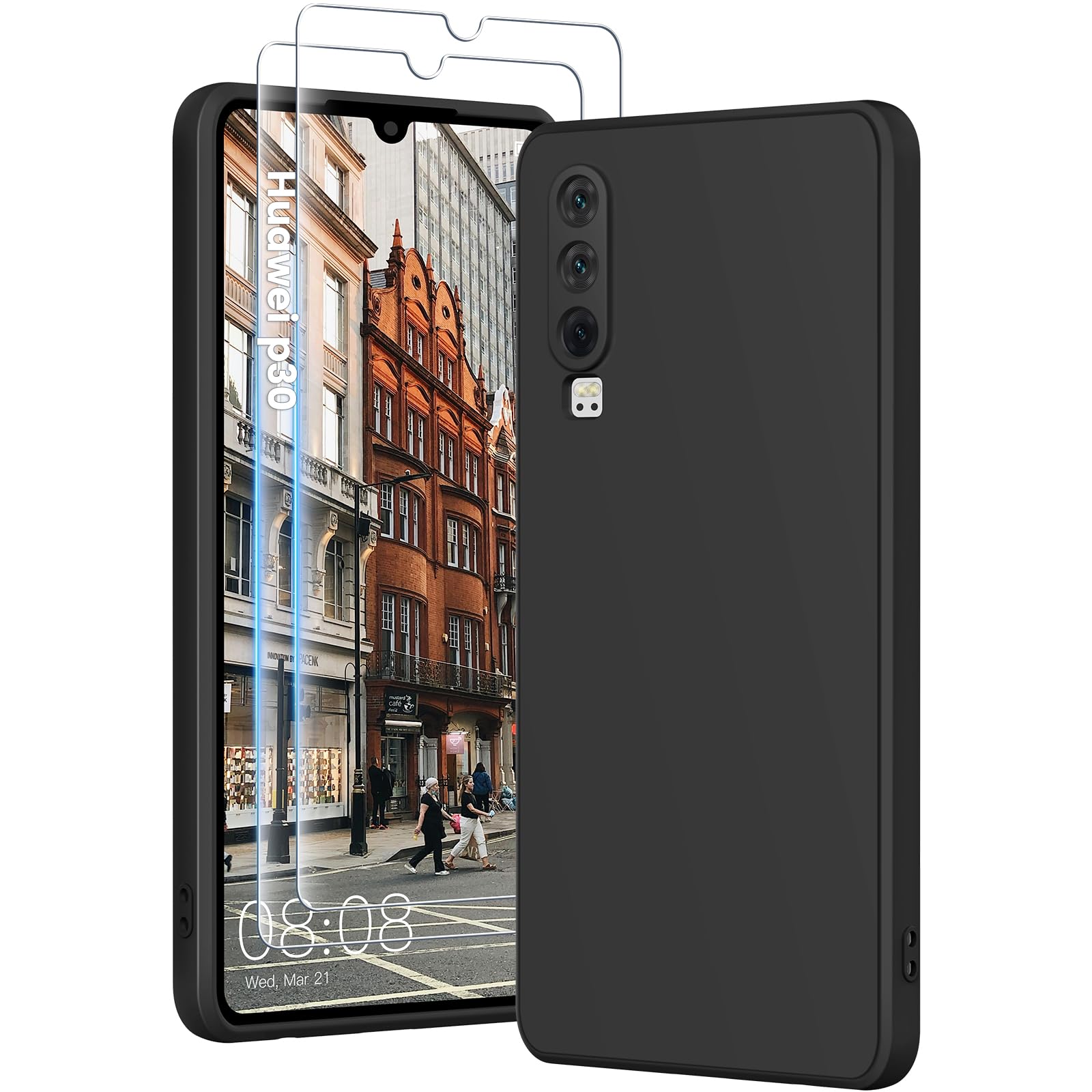 HuwaiH 3v1 silikonski ovitek Huawei P30 z zaščitnim steklom črna