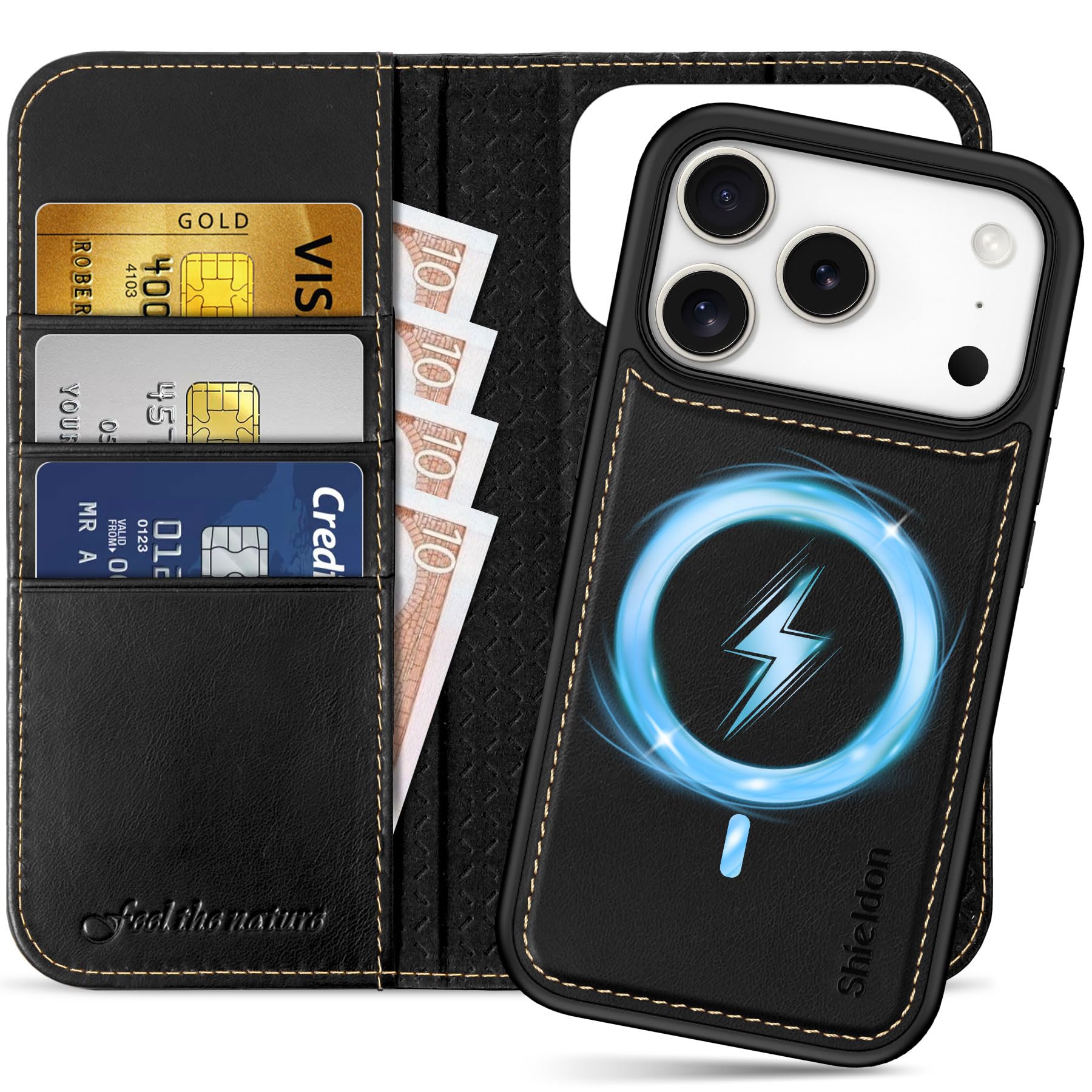SHIELDON usnjena denarnica iPhone 17 Pro 6,3 RFID magnetno polnjenje retro èrna