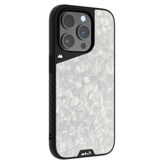 Premium ovitek MOUS Limitless Silver Pearl za iPhone 15 Pro z elegantnim bisernim dizajnom in zaščito pred udarci