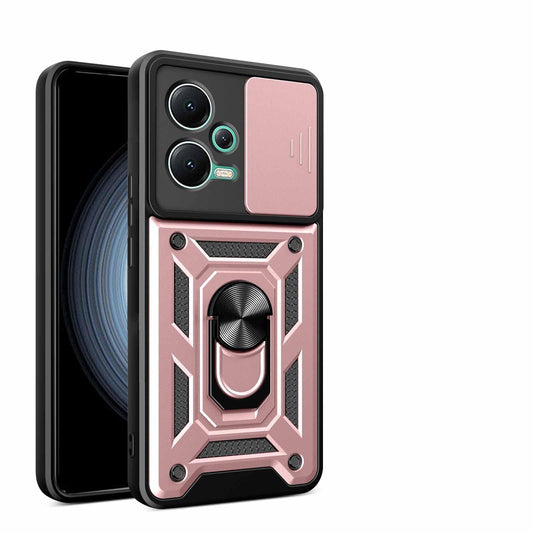 Maska za Xiaomi Poco F5 – rotirajuće postolje 360°, zaštita kamere na klizanje, otporna na udarce, ružičasta