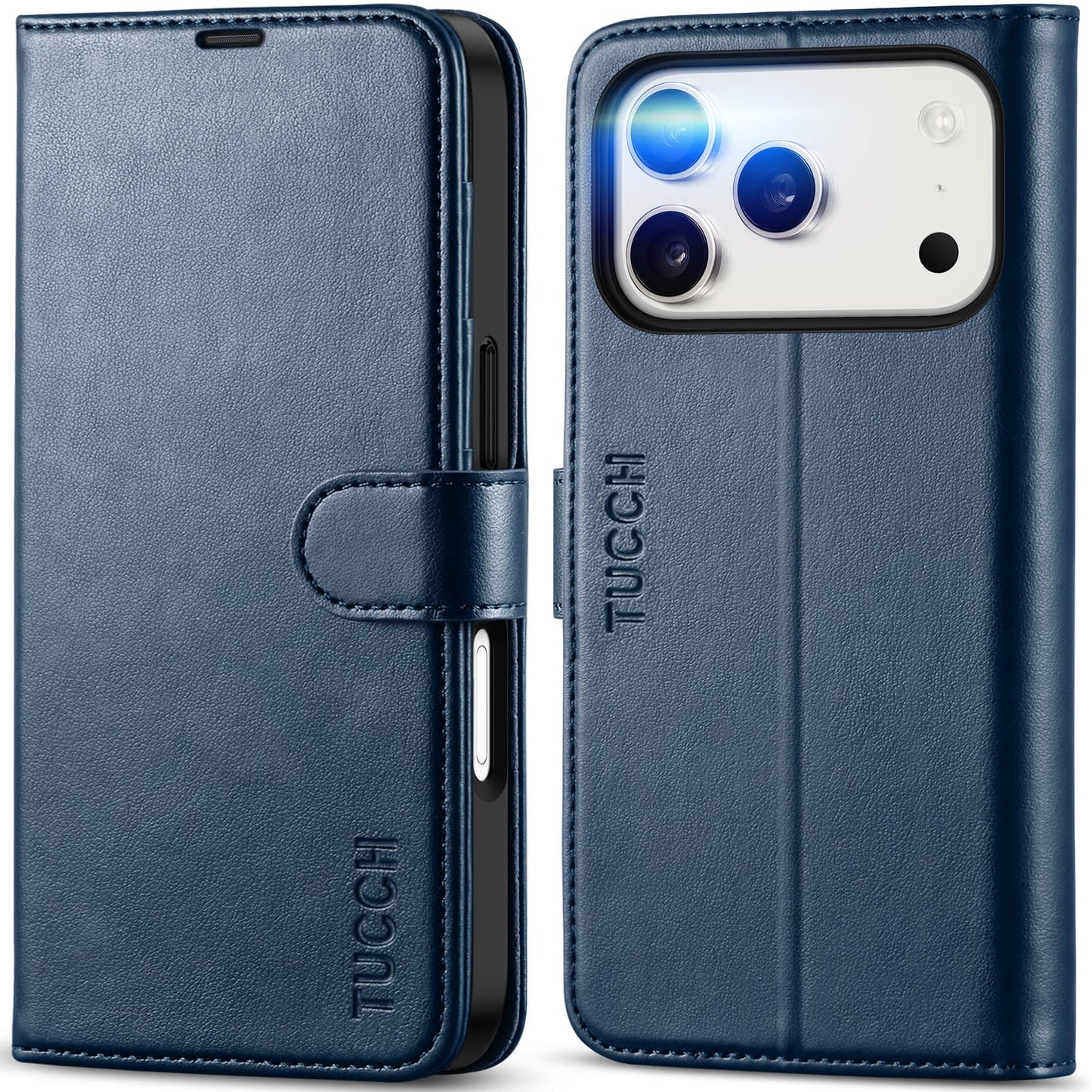 TUCCH preklopni ovitek za iPhone 17 Pro – denarnica, RFID zaščita, stojalo, temno moder