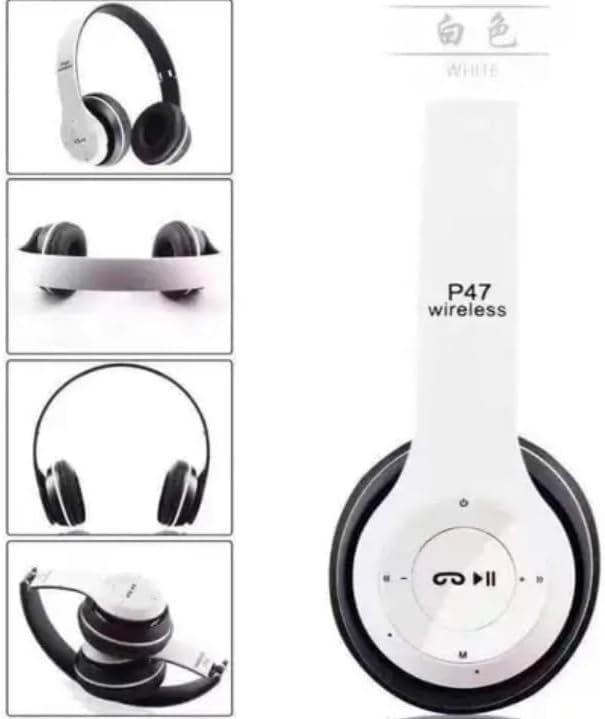P47 Super Bass brezžične zložljive Bluetooth slušalke z mikrofonom – bele