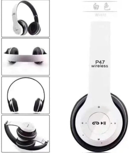 P47 Super Bass brezžične zložljive Bluetooth slušalke z mikrofonom – bele