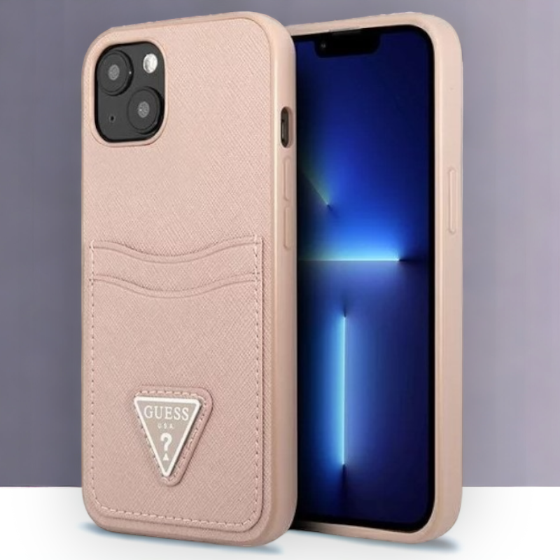 Ovitek Guess "Saffiano Triangle Logo" za iPhone 13 Mini - roza (GUHCP13SPSATPP) – Svetlo roza / PC + TPU silikon + Ekolo