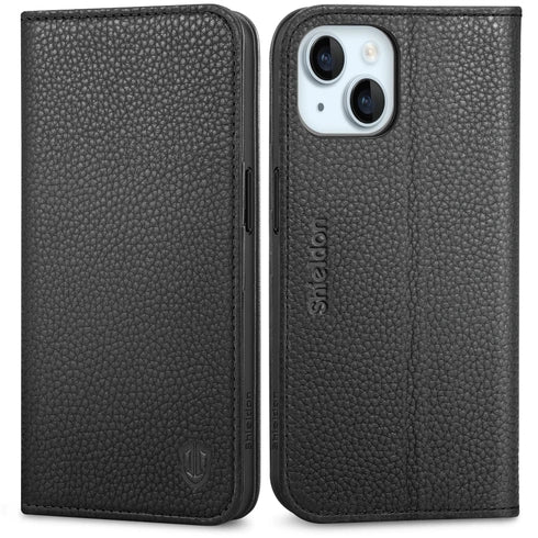 SHIELDON Usnjena Preklopna Torbica za iPhone 15 – Denarnica RFID + Stojalo (Litchi Črna)