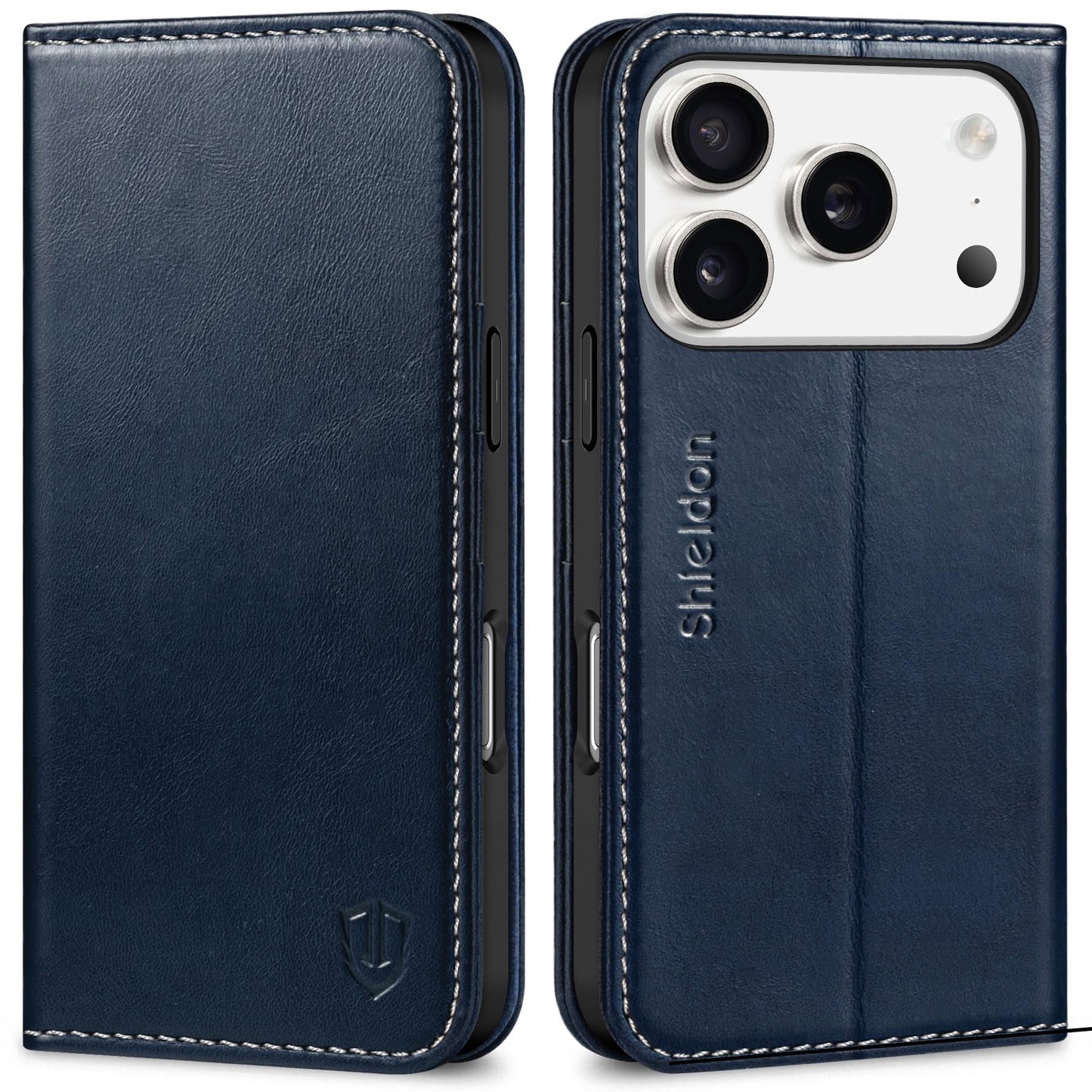 Preklopna torbica SHIELDON iPhone 17 Pro retro tm.modra
