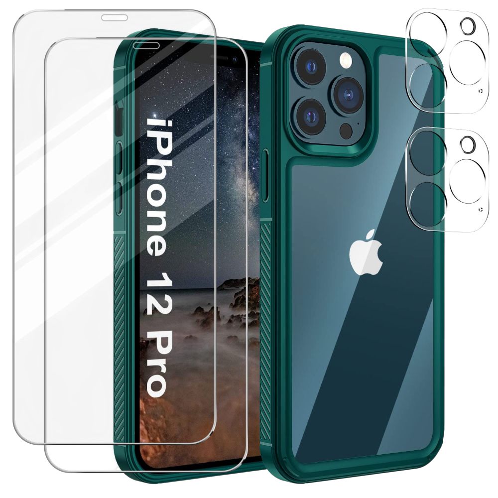 Zaščitni komplet Resistant za iPhone 12 Pro – ovitek, zaščitno steklo in zaščita kamere v temno zeleni barvi