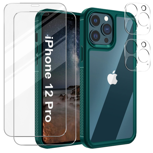 Zaščitni komplet Resistant za iPhone 12 Pro – ovitek, zaščitno steklo in zaščita kamere v temno zeleni barvi
