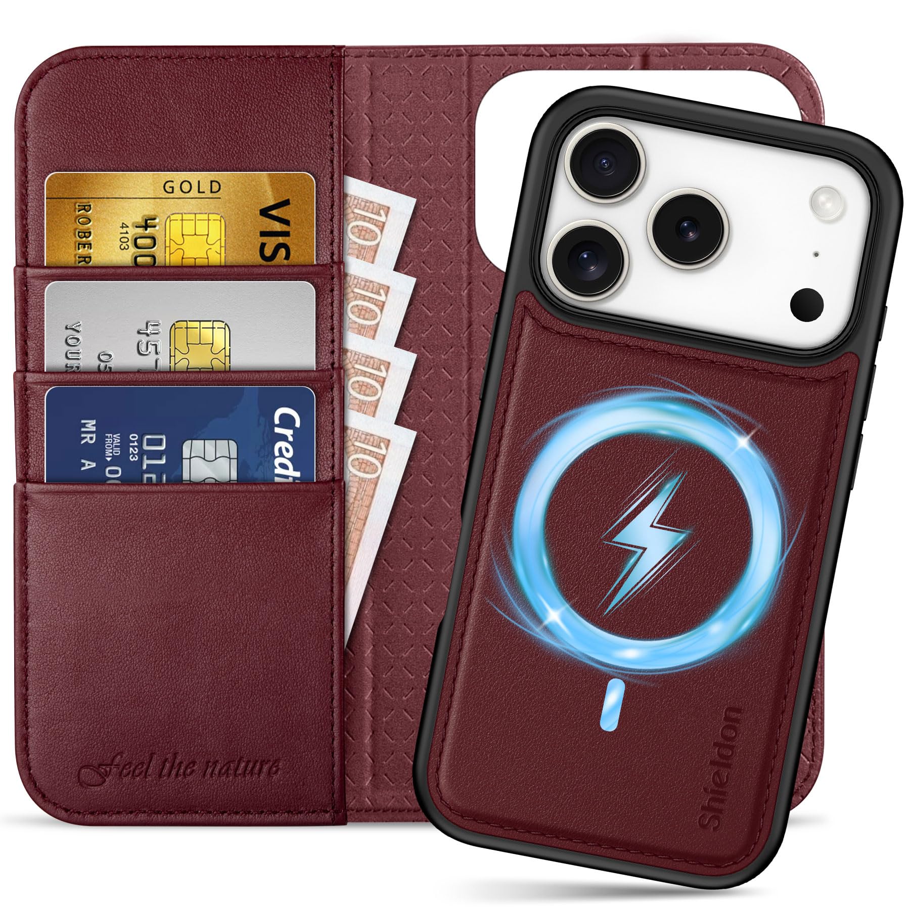 SHIELDON 2v1 usnjena denarnica/ovitek za iPhone 17 Pro – snemljiva, RFID zaščita, stojalo, vinsko rdeča: SHIELDON 2v1 usnjena denarnica ovitek iPhone 17 Pro snemljiva RFID zaščita stojalo vinsko rdeča