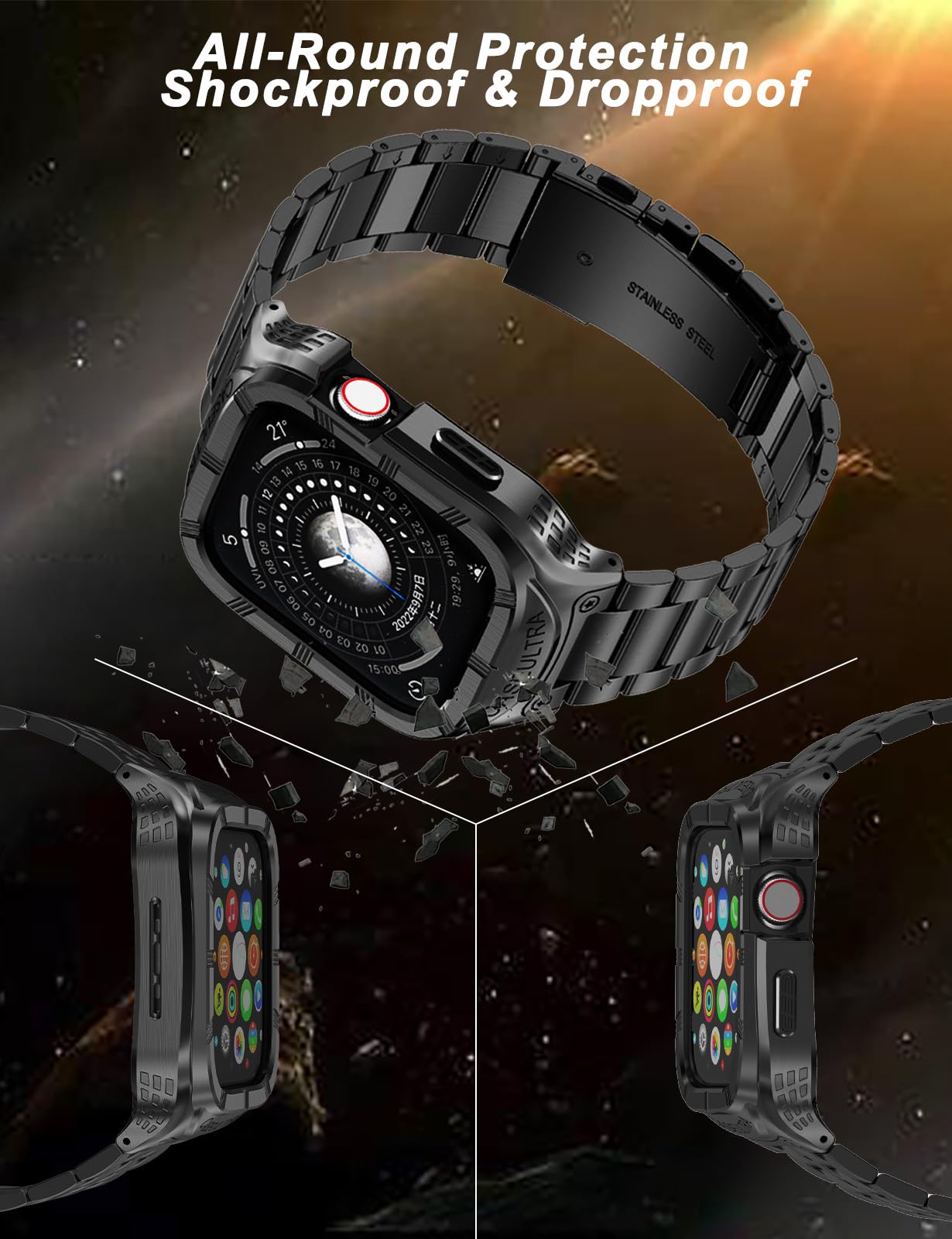 Caseultra Kovinsko Ohišje in Pašček za Apple Watch 45mm/44mm/42mm, Nerjaveče Jeklo, Robustna Zaščita za Series 9/8/7/6/5/4/SE/3/2/1