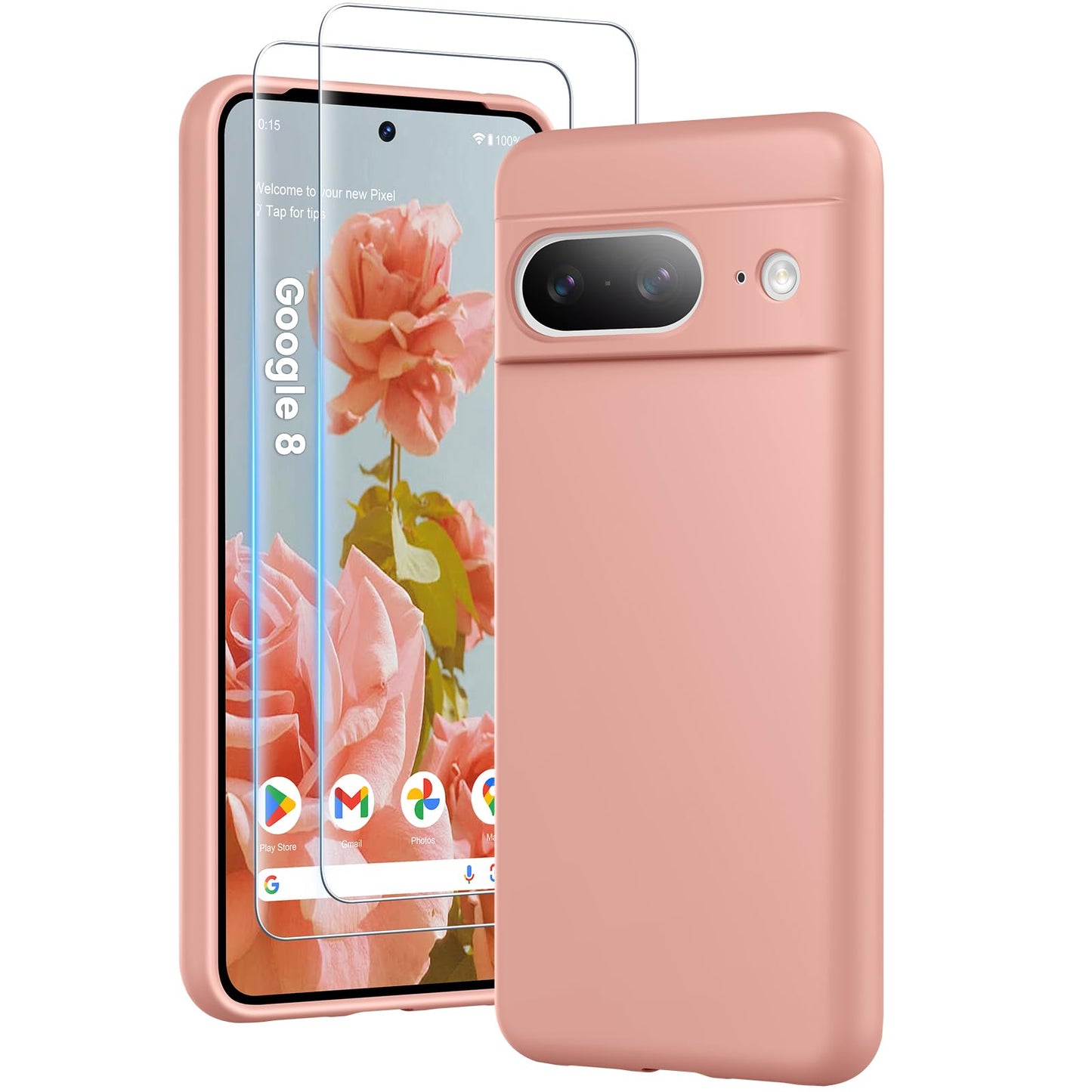 HuwaiH 3v1 ovitek Google Pixel 8 z zaščitnim steklom roza