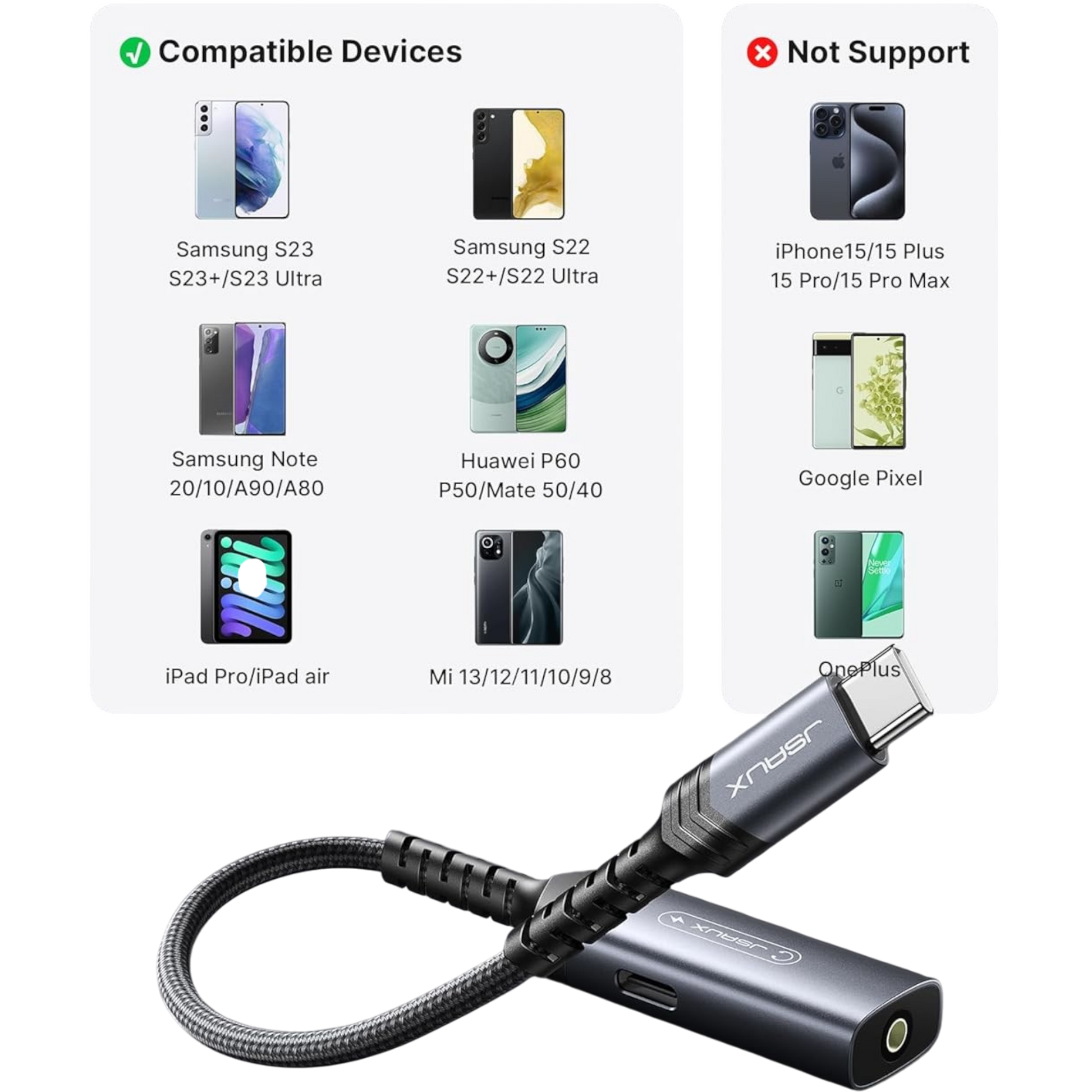 Adapter 2 v 1 USB C za slušalke in polnjenje, 60 W – JSAUX