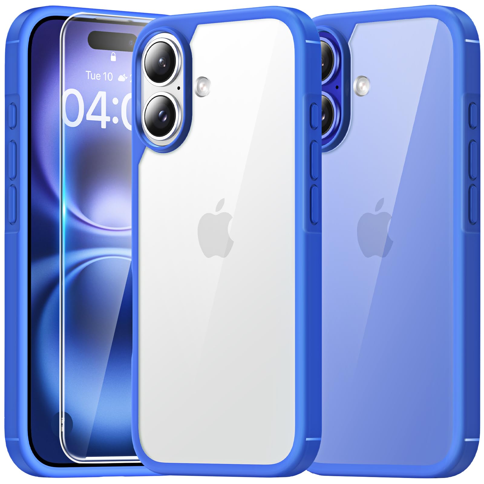 TAURI ovitek za iPhone 16 Plus prozorno modra z dvema zaščitnima stekloma in zaščito kamere