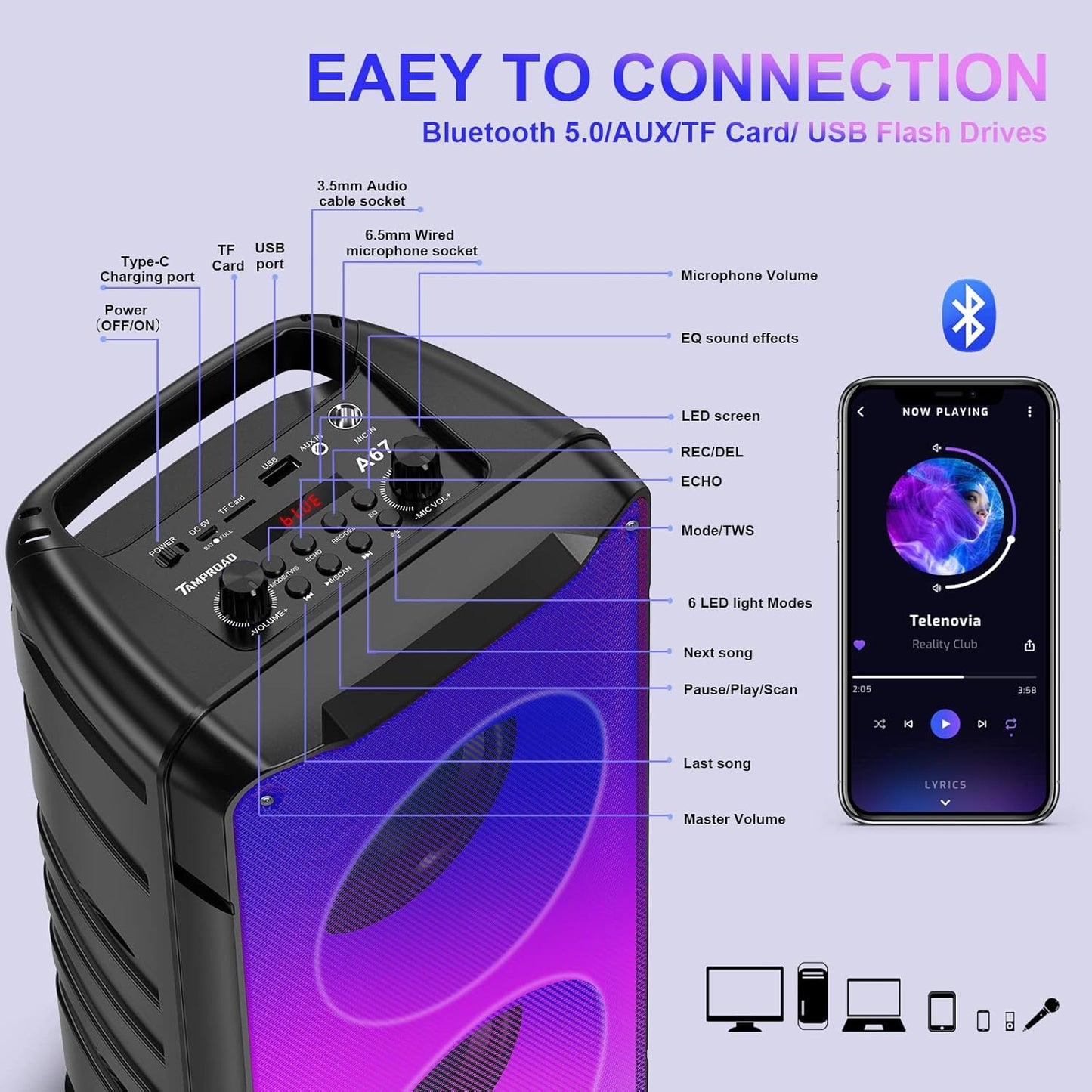TAMPROAD A67 prijenosni Bluetooth zvučnik 60W (80W Peak) – zabava, TWS, svjetla