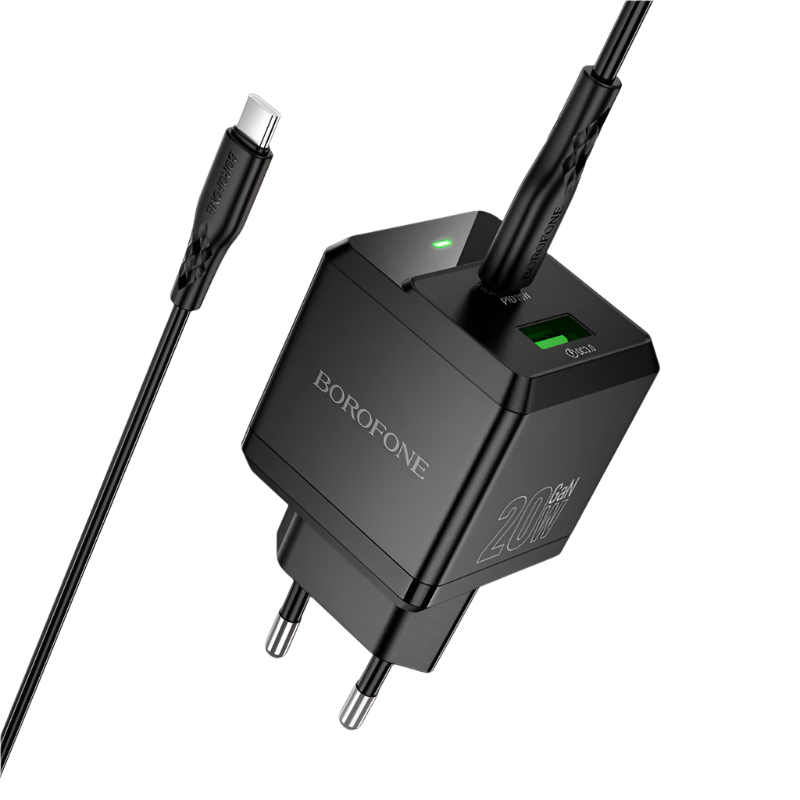 Stenski polnilnik ''Intenso GaN'' USB + Type C - PD 20W s kablom Type C na Type C – Borofone – Bela