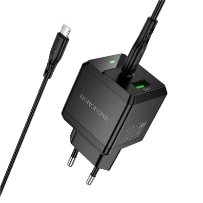 Stenski polnilnik ''Intenso GaN'' USB + Type C - PD 20W s kablom Type C na Type C – Borofone – Bela