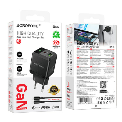 Stenski polnilnik ''Intenso GaN'' USB + Type C - PD 20W s kablom Type C na Type C – Borofone