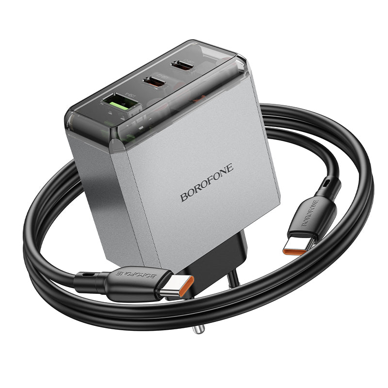 Komplet stenski polnilnik ''BN22 Lena GaN'' - 2xType C + USB - QC 3.0 PD 65W s kablom Type C na Type C – Borofone