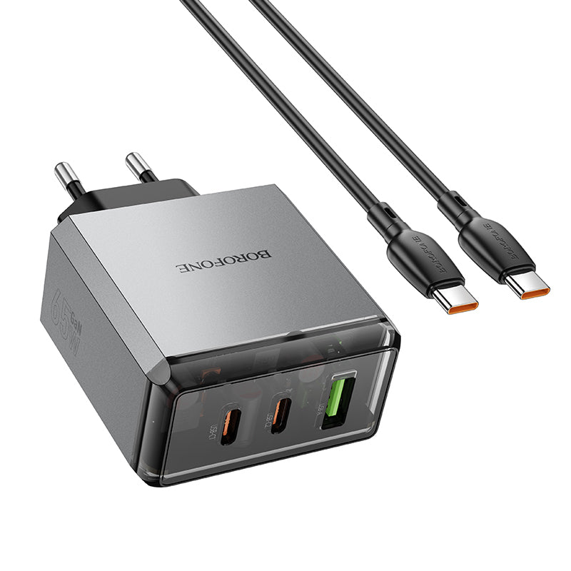 Komplet stenski polnilnik ''BN22 Lena GaN'' - 2xType C + USB - QC 3.0 PD 65W s kablom Type C na Type C – Borofone