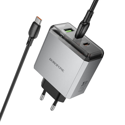 Komplet stenski polnilnik ''BN22 Lena GaN'' - 2xType C + USB - QC 3.0 PD 65W s kablom Type C na Type C – Borofone