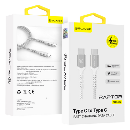 Polnilni kabel "Blavec Raptor - pleten" USB C v USB-C PD 100W 5A 1M