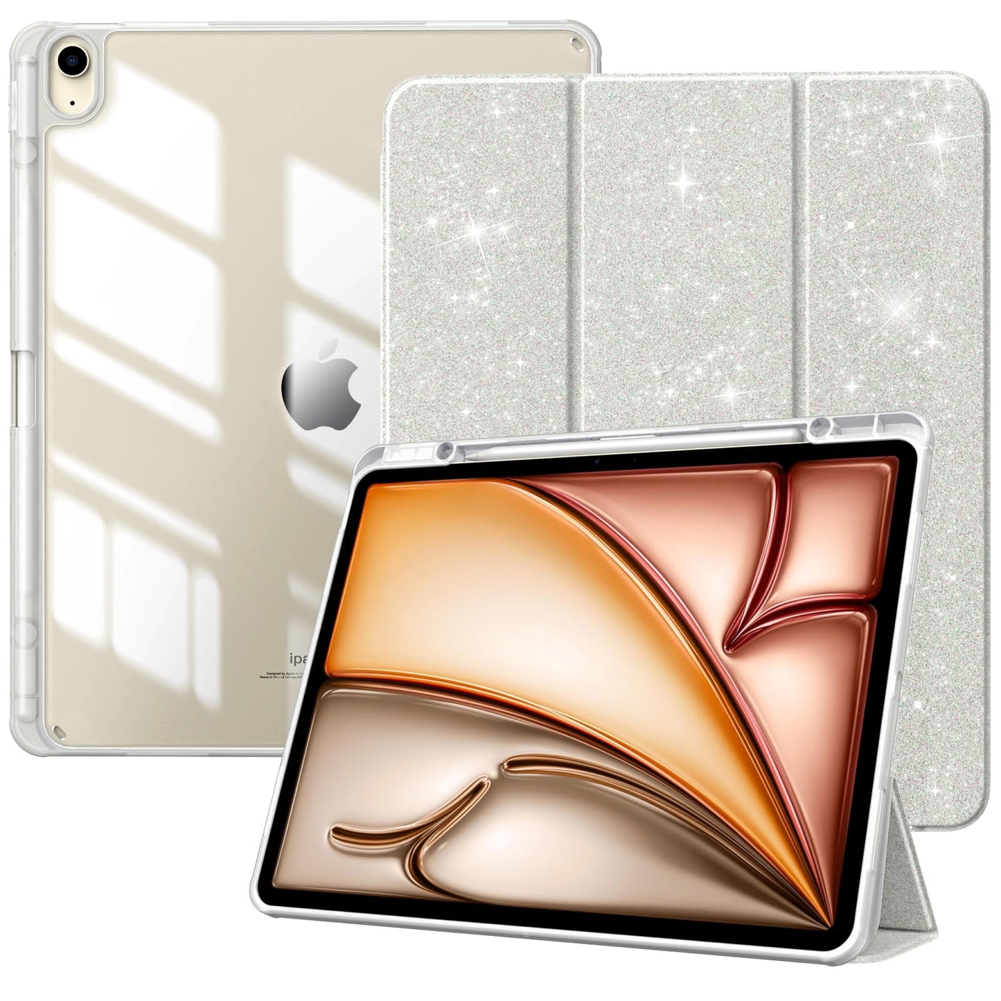 TiMOVOovitekza iPadAir13(M2/M3/M4 2024–2026),prozornazadnjastran,držalozapisalo,bleščečebela