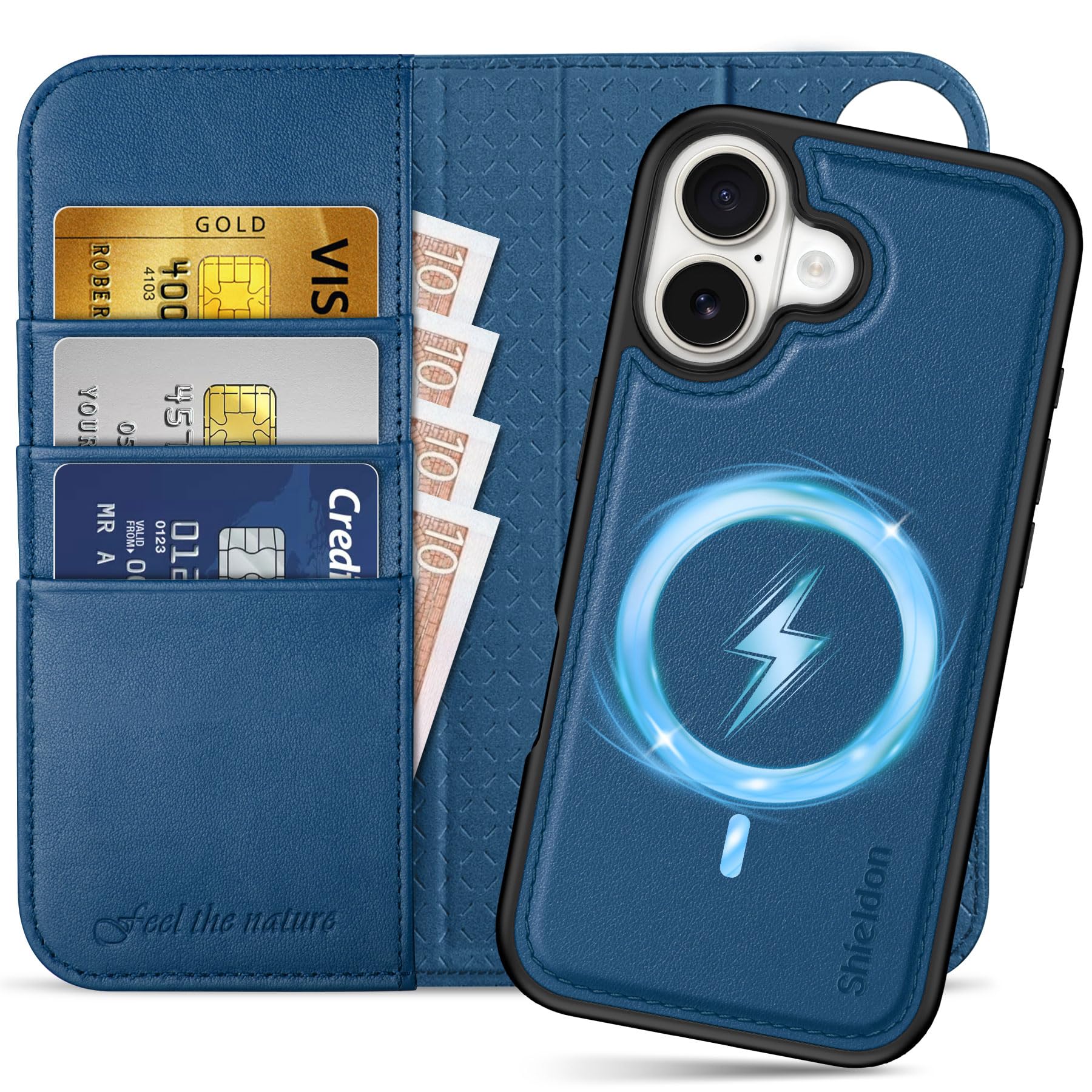 SHIELDON snemljiva usnjena denarnica za iPhone 17 6,3 2025 kraljevsko modra premium usnjen ovitek