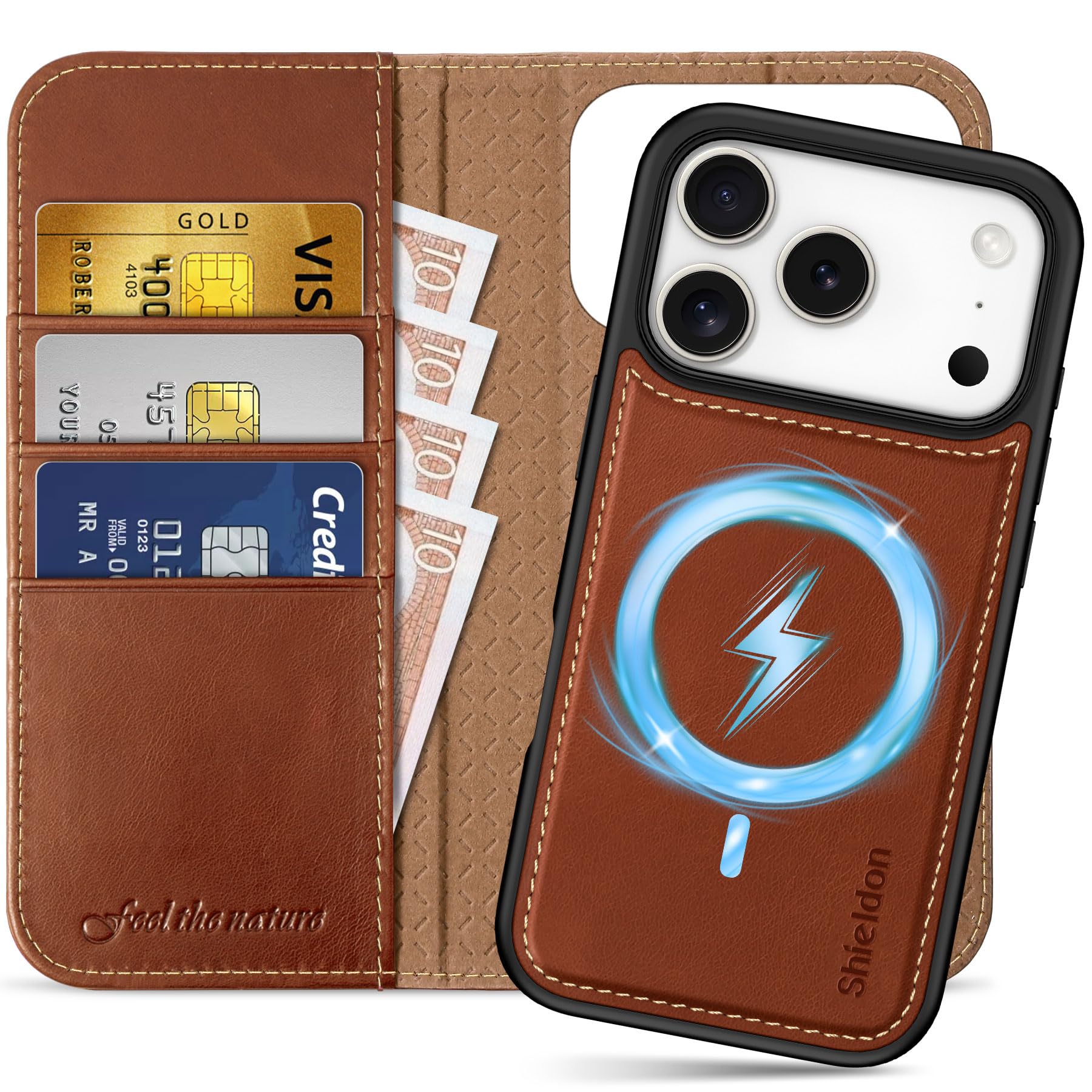 SHIELDON 2v1 usnjena denarnica/ovitek za iPhone 17 Pro – snemljiva, RFID zaščita, stojalo, retro rjava: SHIELDON 2v1 usnjena denarnica ovitek iPhone 17 Pro snemljiva RFID zaščita stojalo retro rjava