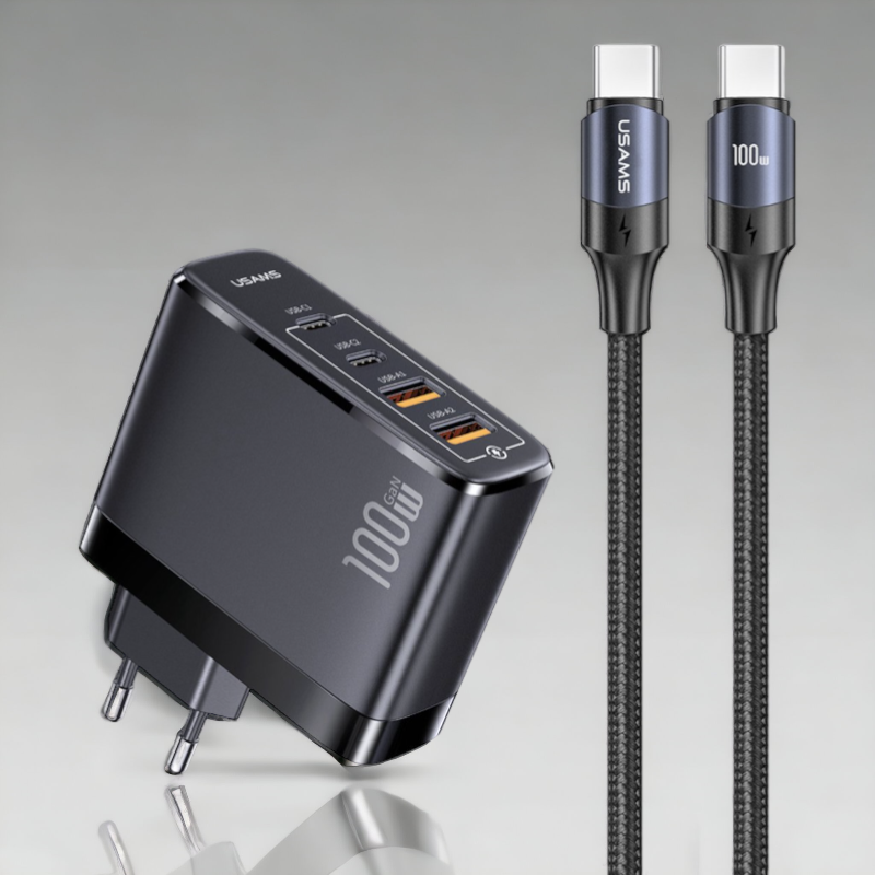 Komplet hišni polnilec in kabel za hitro polnjenje 100W – Usams – Črna