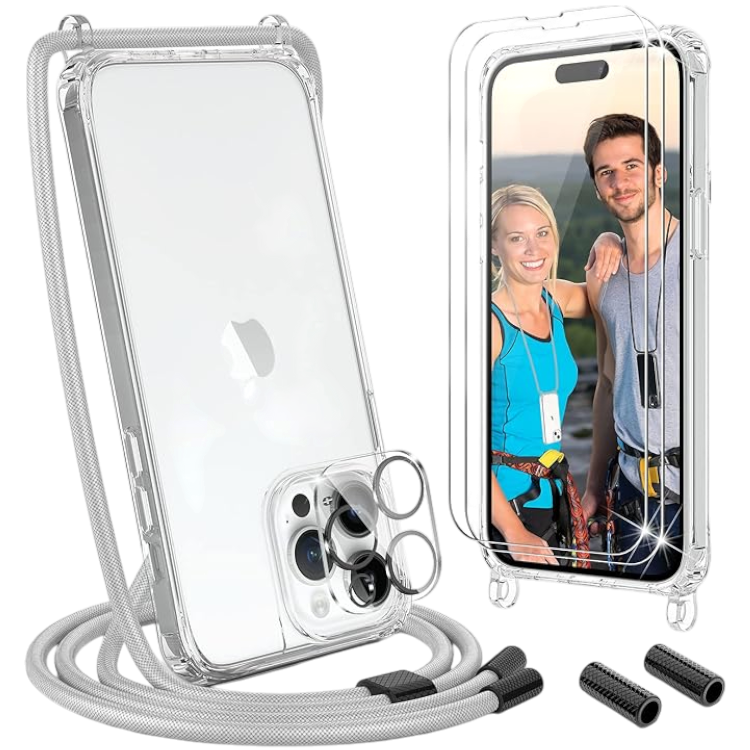 Ovitek z vrvico + 2 zaščitni stekli + zaščita za kamero za iPhone 14 Pro Max – Uymo – Siva