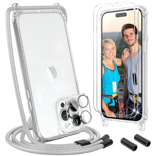 Ovitek z vrvico + 2 zaščitni stekli + zaščita za kamero za iPhone 14 Pro Max – Uymo – Siva