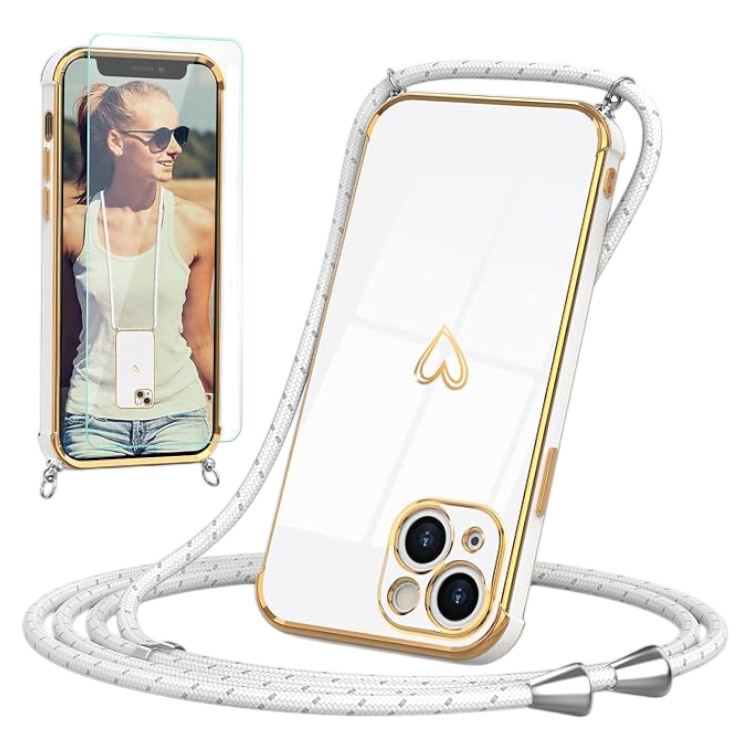 Ovitek z vrvico "Togestar" + zaščitno steklo za iPhone 14 – Bela