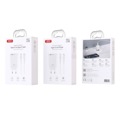 XO CE29 PD 20W stenski polnilnik z USB‑C in USB izhodi ter priloženim USB‑C v USB‑C kablom v beli barvi - skatla.