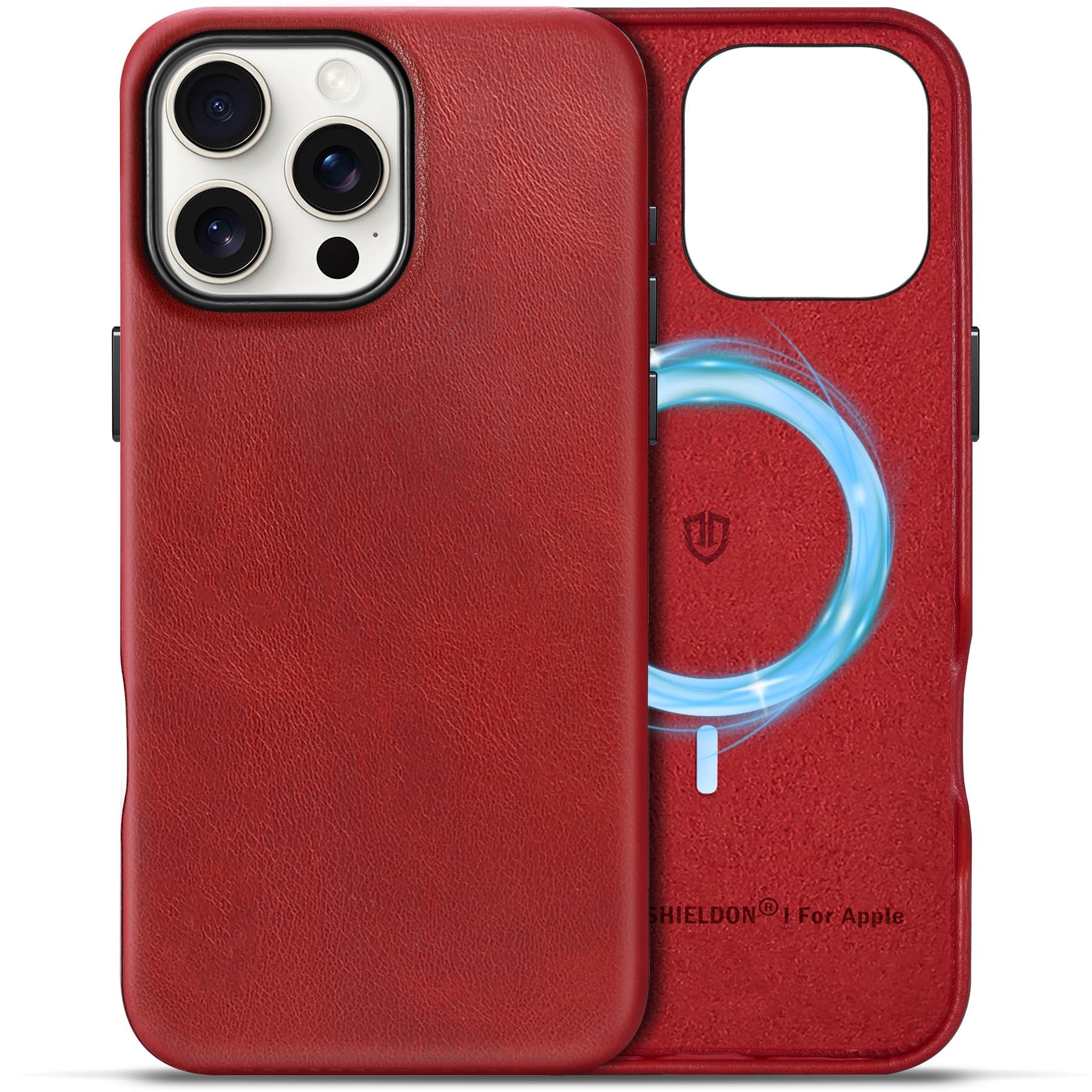 SHIELDON premium usnjen ovitek za iPhone 16 Pro Max retro rdeča zaščitni ovitek iz pravega usnja