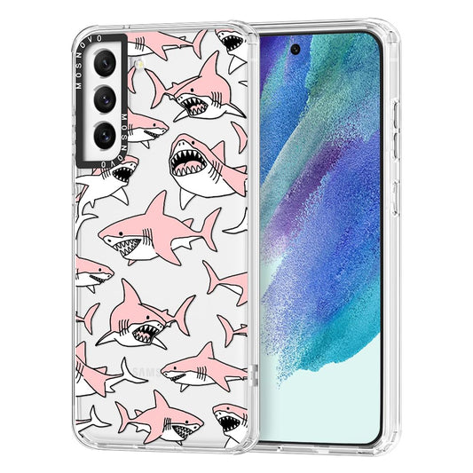 Ovitek MOSNOVO za Samsung Galaxy S21 FE Pink Sharks, igriv roza motiv morskih psov z robustno zaščito telefona