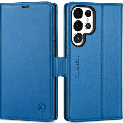 SHIELDON preklopna torbica iz pravega usnja za Samsung Galaxy S25 Ultra - RFID Zaščita, Safirno Modra