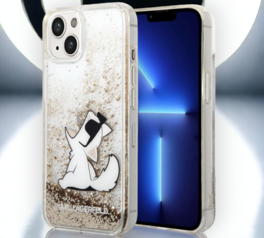 Ovitek Karl Lagerfeld "Choupette - liquid gold glitter" za iPhone 13/14/15 (KLHCP14SGCFD) – Zlata / PC + TPU silikon