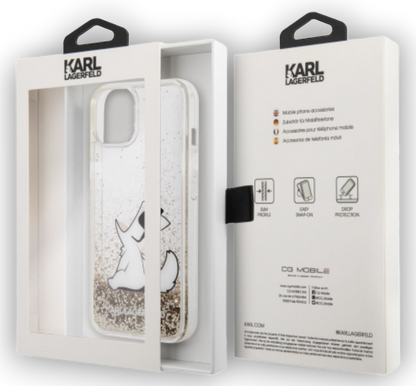 Ovitek Karl Lagerfeld "Choupette - liquid gold glitter" za iPhone 14 Plus/15 Plus (KLHCP14MGCFD)