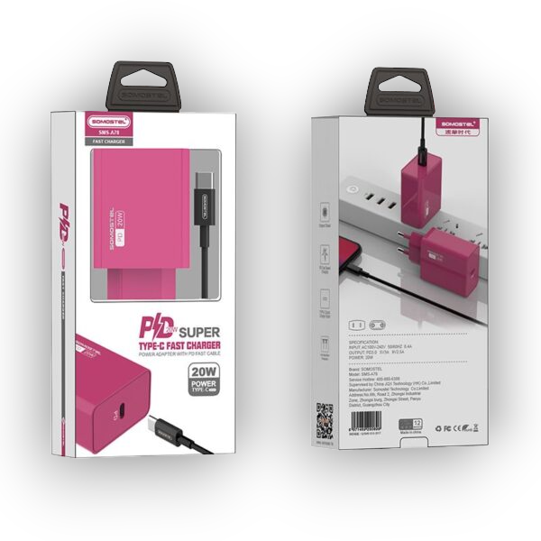 Komplet hišni polnilec s kablom za hitro polnjenje (USB C) – Somostel – Roza
